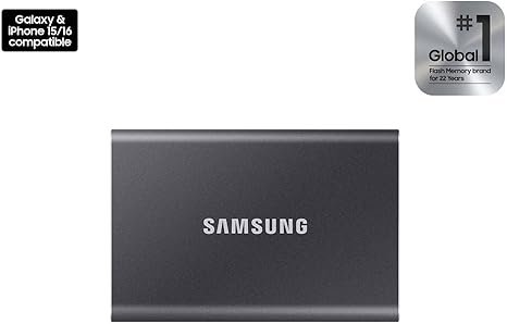 SAMSUNG T7 Portable SSD, 1TB External Solid State Drive, Speeds Up to 1,050MB/s, USB 3.2 Gen 2, Reliable Storage for Gaming, Students, Professionals, MU-PC1T0T/AM, Gray