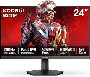 KOORUI Gaming Monitor, 24" Fast IPS Computer Monitor, 200Hz FHD HDR400 Display, 1ms PC Screen, 90% DCI-P3 Color Gamut, Adaptive Sync, Ultra Slim Frame, VESA Mountable, HDMI 2.0, DP 1.4, G2411P