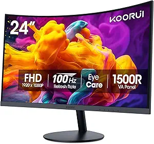 KOORUI 24 inch Curved Monitor, Full HD 1080P Curved Computer Monitor, 100Hz 1500R PC Screen, HDMI VGA, Tilt Adjustment, LCD Display, Eye Care, Black 24N5CA