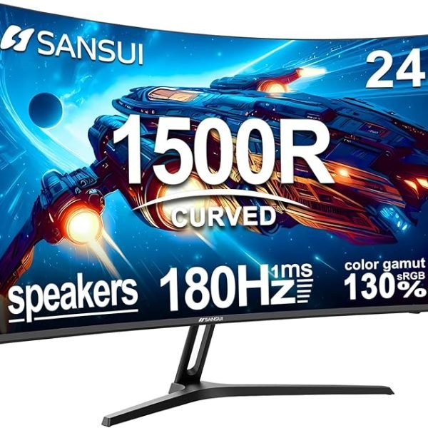 SANSUI 24 Inch Curved Gaming Monitor up to 180Hz MPRT 1ms with Built-in Speakers,FHD 1080P Computer Monitor Freesync 130% sRGB HDR,HDMI DP Ports VESA Mount Metal Stand(ES-G24C1 HDMI Cable Included)