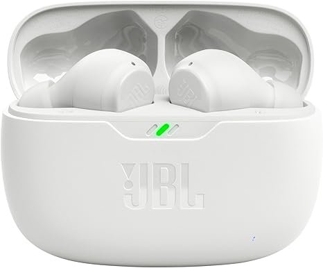JBL Vibe Beam - True Wireless JBL Deep Bass Sound Earbuds, Bluetooth 5.2, Water & Dust Resistant, Hands-free call with VoiceAware, Up to 32 hours of battery life (White)