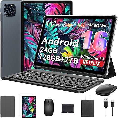 Tablet 2025 World's First Android 16 Tablet with Gemini AI, 11 Inch FHD Display, 24GB RAM 128GB ROM /2TB TF, T7250 CPU+13MP Camera, 8000mAh, Widevine L1, 2 in 1 Tablets with Keyboard Mouse Stylus