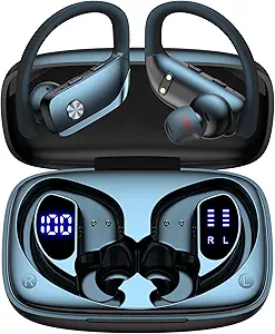 bmani Wireless Earbuds Bluetooth Headphones 48hrs Play Back Sport Earphones with LED Display Over-Ear Buds with Earhooks Built-in Mic Headset for Workout Black