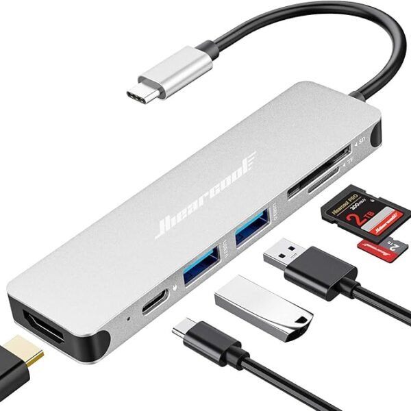 Hiearcool USB C Hub Multi-Port Adapter, 7-in-1 USB-C Dongle with 4K HDMI 100W PD SD/TF Card Reader, USBC Dock Compatible for MacBook Pro/Air Dell XPS Lenovo HP and Other Windows Laptops-Sliver White