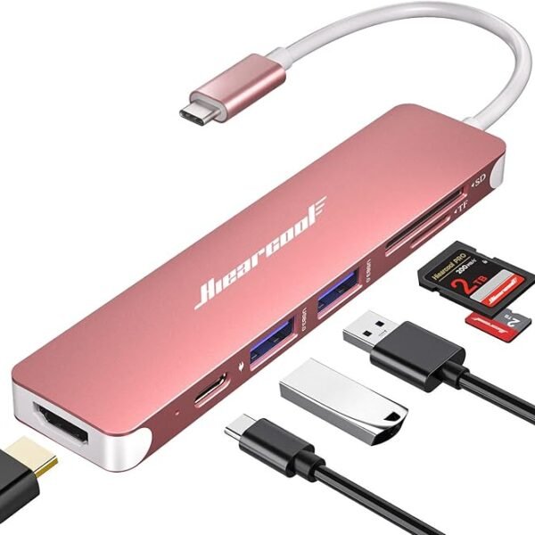 Hiearcool USB C Hub,USB-C Dongle,7IN1 USBC to HDMI Multple Adapter Compatible for MacBook Dell Lenovo Asus Thunderbolt 3 Thunderbolt 4 Type C Docking Station (HDMI USB3.0 TF/SD PD)-Rose Gold